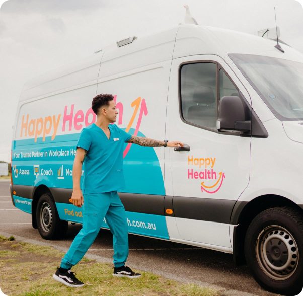 Male occupational health services worker putting his hand out to open the driver door of a Happy Health mobile health van
